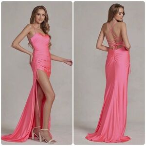 NWT NOX ANABEL T1140 High slit Bodycon Ruched Evening Formal Gown, 8, Candy Pink
